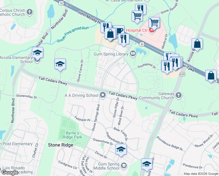 map of restaurants, bars, coffee shops, grocery stores, and more near 24703 Siltstone Square in Stone Ridge