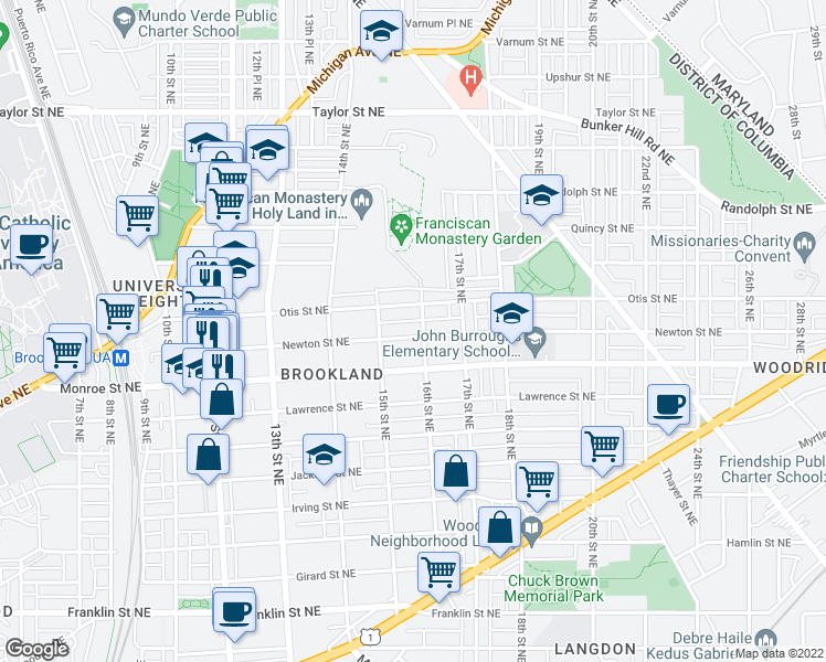 map of restaurants, bars, coffee shops, grocery stores, and more near 1530 Newton Street Northeast in Washington