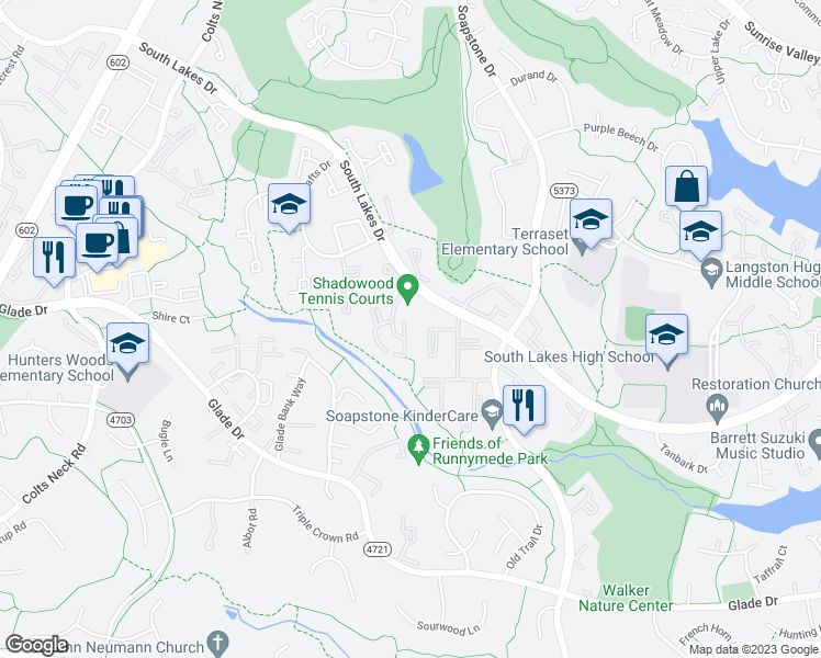 map of restaurants, bars, coffee shops, grocery stores, and more near 2221E Lovedale Lane in Reston