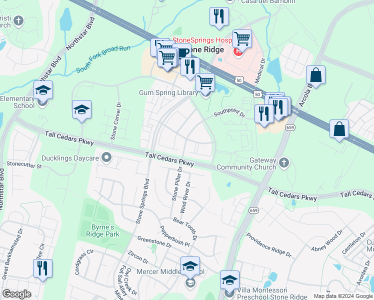 map of restaurants, bars, coffee shops, grocery stores, and more near 24706 Kings Canyon Square in Stone Ridge