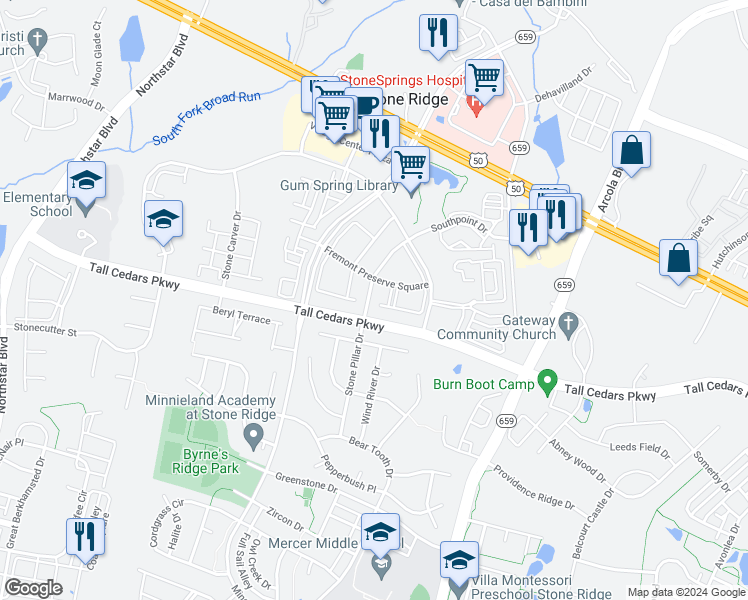 map of restaurants, bars, coffee shops, grocery stores, and more near 24706 Kings Canyon Square in Aldie