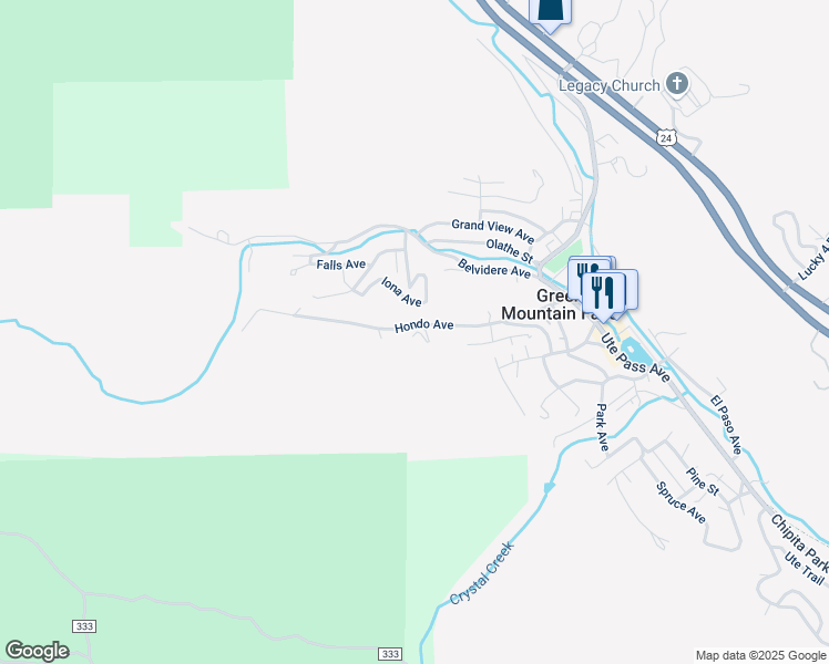 map of restaurants, bars, coffee shops, grocery stores, and more near 10935 Hondo Avenue in Green Mountain Falls