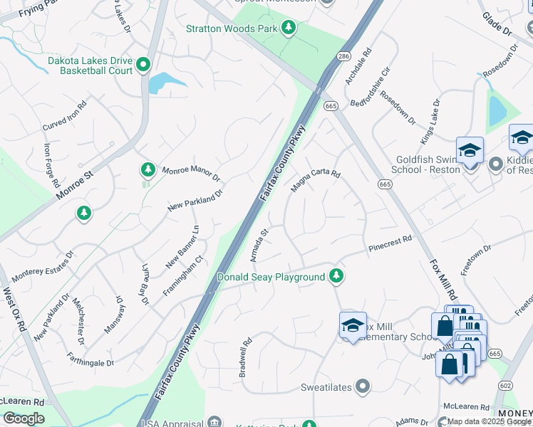 map of restaurants, bars, coffee shops, grocery stores, and more near 2608 Armada Street in Herndon