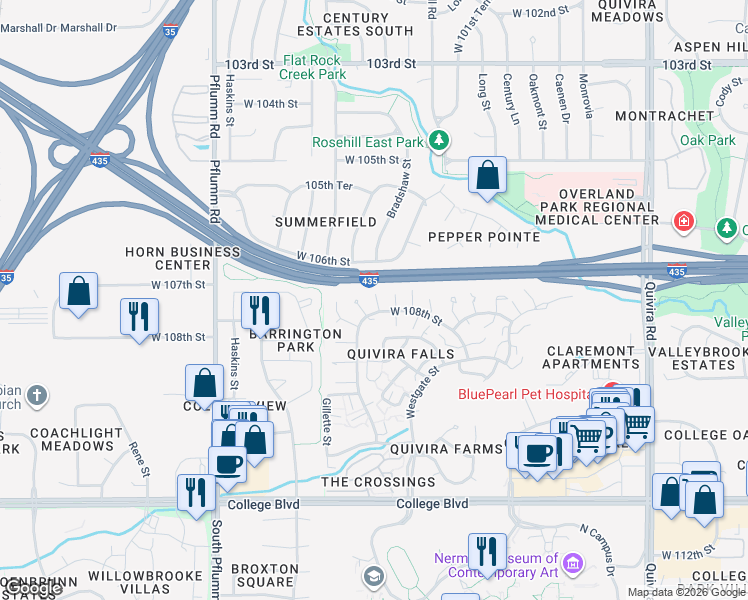 map of restaurants, bars, coffee shops, grocery stores, and more near 12810 West 108th Street in Overland Park