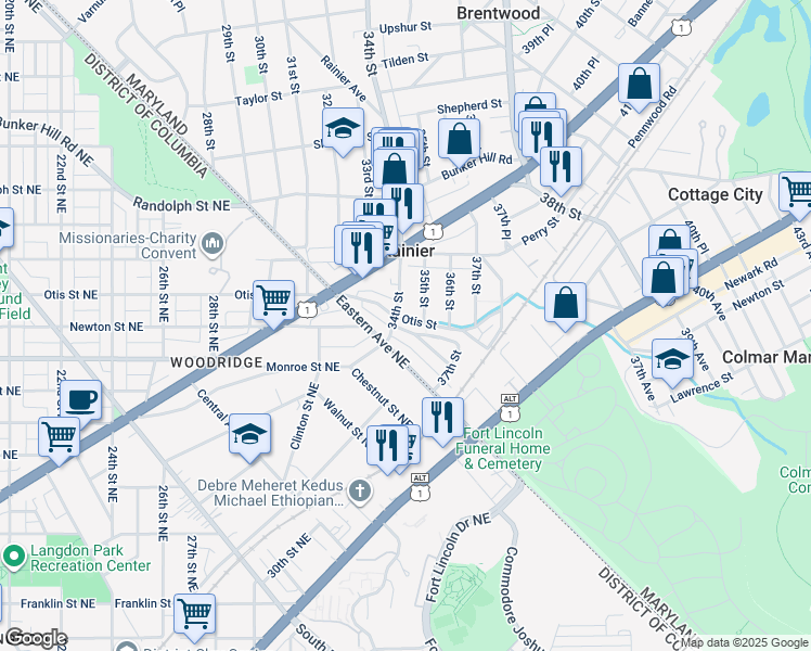 map of restaurants, bars, coffee shops, grocery stores, and more near 3404 Newton Street in Mount Rainier