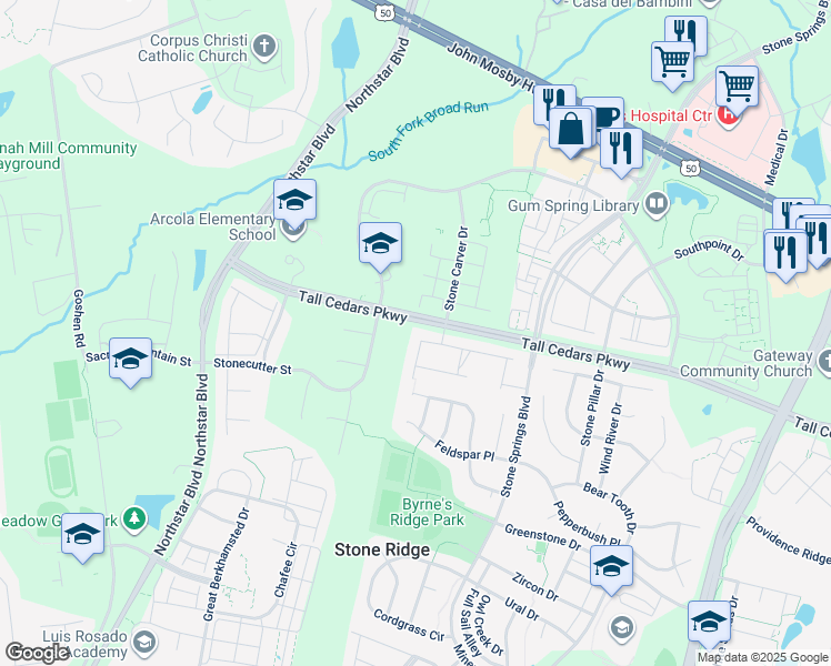 map of restaurants, bars, coffee shops, grocery stores, and more near 41837 Cinnabar Square in Aldie