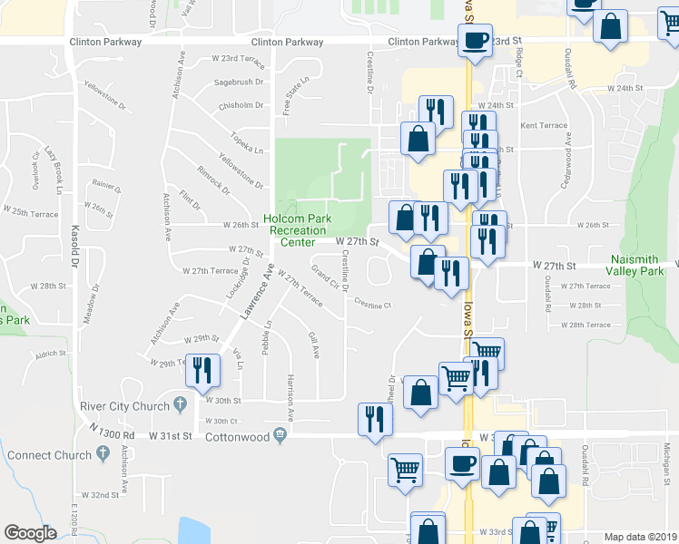 map of restaurants, bars, coffee shops, grocery stores, and more near 2719 Crestline Drive in Lawrence