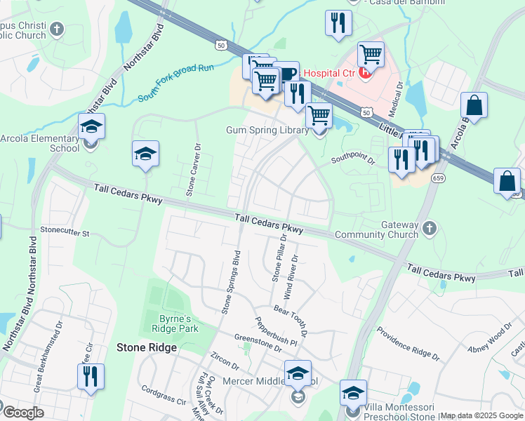 map of restaurants, bars, coffee shops, grocery stores, and more near 24689 Siltstone Square in Stone Ridge