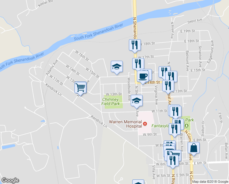 map of restaurants, bars, coffee shops, grocery stores, and more near 503 West 13th Street in Front Royal