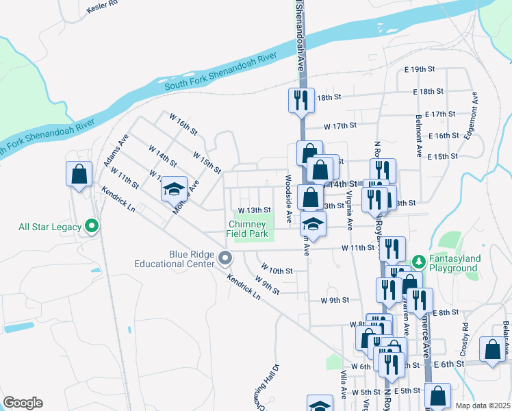 map of restaurants, bars, coffee shops, grocery stores, and more near 503 West 13th Street in Front Royal