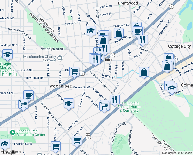 map of restaurants, bars, coffee shops, grocery stores, and more near 3601 Eastern Avenue Northeast in Mount Rainier