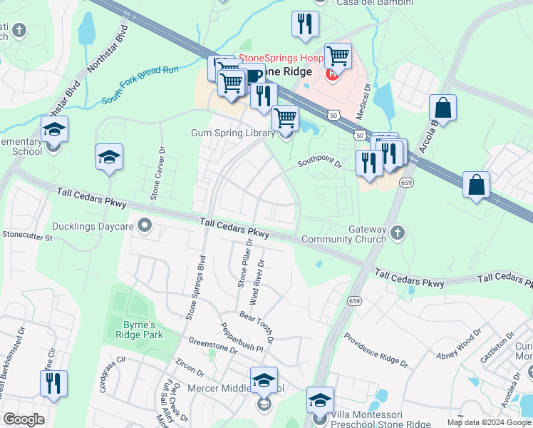 map of restaurants, bars, coffee shops, grocery stores, and more near 24705 Geyser Peaks Square in Aldie
