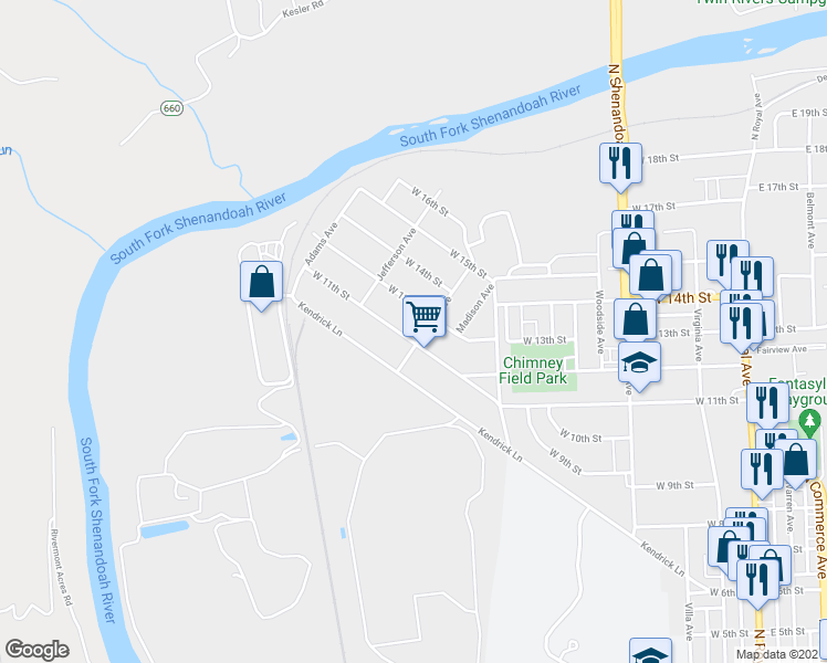 map of restaurants, bars, coffee shops, grocery stores, and more near 703 West 11th Street in Front Royal
