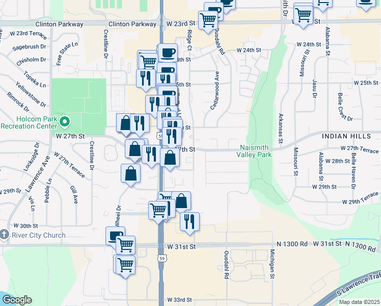 map of restaurants, bars, coffee shops, grocery stores, and more near 2704 Ridge Court in Lawrence