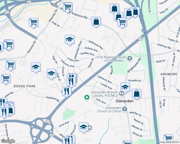 map of restaurants, bars, coffee shops, grocery stores, and more near 7939 Johnson Avenue in Glenarden