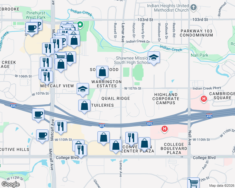 map of restaurants, bars, coffee shops, grocery stores, and more near 10763 Walmer Street in Leawood