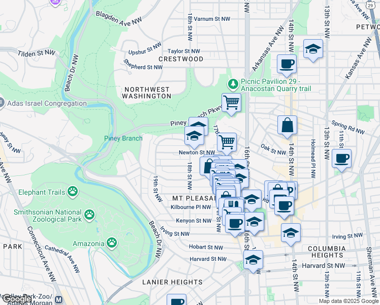 map of restaurants, bars, coffee shops, grocery stores, and more near 18th St NW & Newton St NW in Washington