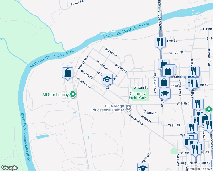map of restaurants, bars, coffee shops, grocery stores, and more near 703 West 11th Street in Front Royal
