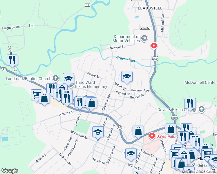 map of restaurants, bars, coffee shops, grocery stores, and more near Pleasant Avenue in Elkins