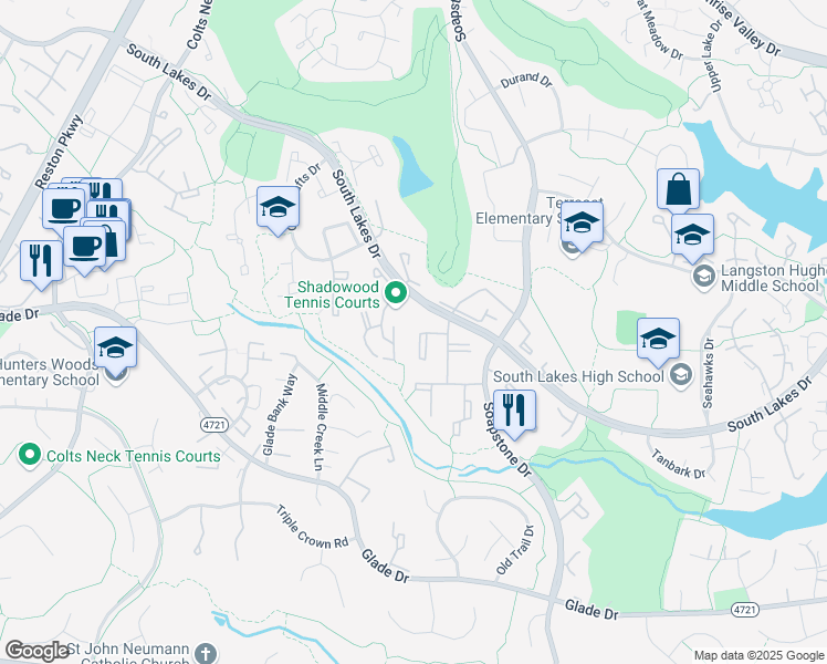 map of restaurants, bars, coffee shops, grocery stores, and more near 2206 Castle Rock Square in Reston