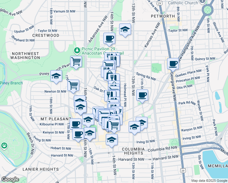 map of restaurants, bars, coffee shops, grocery stores, and more near 3467 14th Street Northwest in Washington