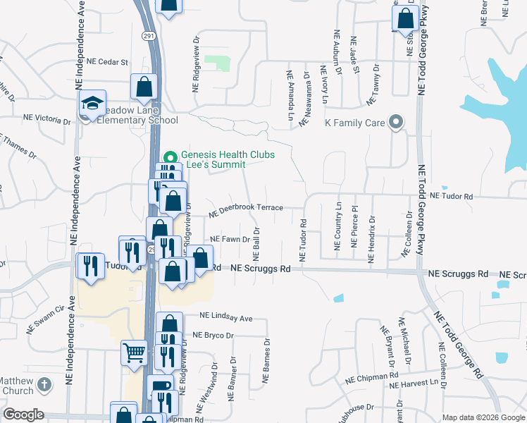 map of restaurants, bars, coffee shops, grocery stores, and more near 1123 Northeast Deerbrook Terrace in Lee's Summit