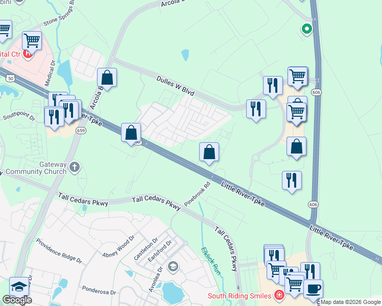 map of restaurants, bars, coffee shops, grocery stores, and more near 42606 John Mosby Highway in Chantilly