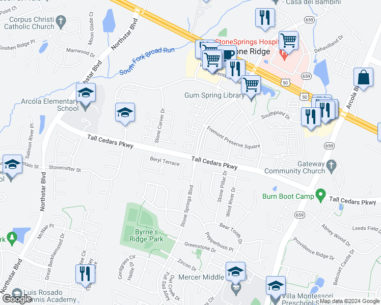 map of restaurants, bars, coffee shops, grocery stores, and more near 41998 Blue Flag Terrace in Aldie