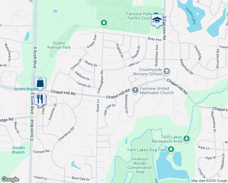 map of restaurants, bars, coffee shops, grocery stores, and more near 1714 Oak Cliff Place in Columbia