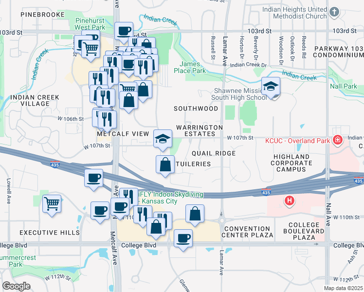 map of restaurants, bars, coffee shops, grocery stores, and more near 10704 Glenwood Street in Overland Park