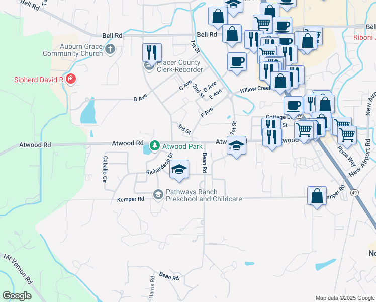 map of restaurants, bars, coffee shops, grocery stores, and more near 11450 Atwood Road in Auburn