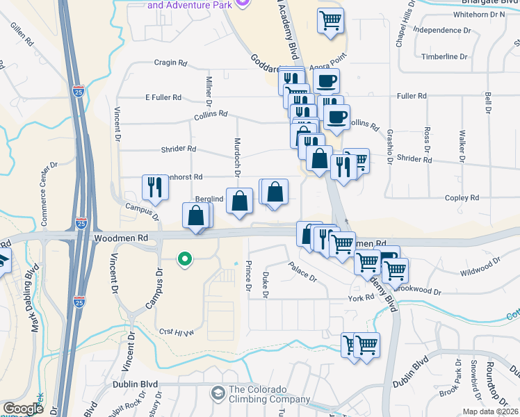 map of restaurants, bars, coffee shops, grocery stores, and more near 1235 Berglind Road in Colorado Springs