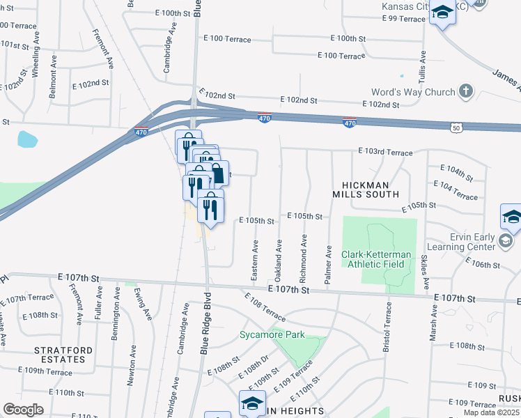 map of restaurants, bars, coffee shops, grocery stores, and more near 7308 East 105th Street in Kansas City