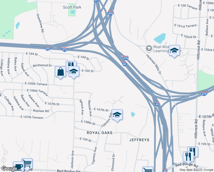 map of restaurants, bars, coffee shops, grocery stores, and more near 10531 Kensington Avenue in Kansas City