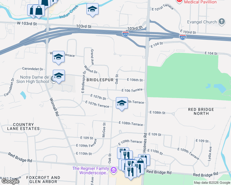 map of restaurants, bars, coffee shops, grocery stores, and more near 403 East 106 Terrace in Kansas City