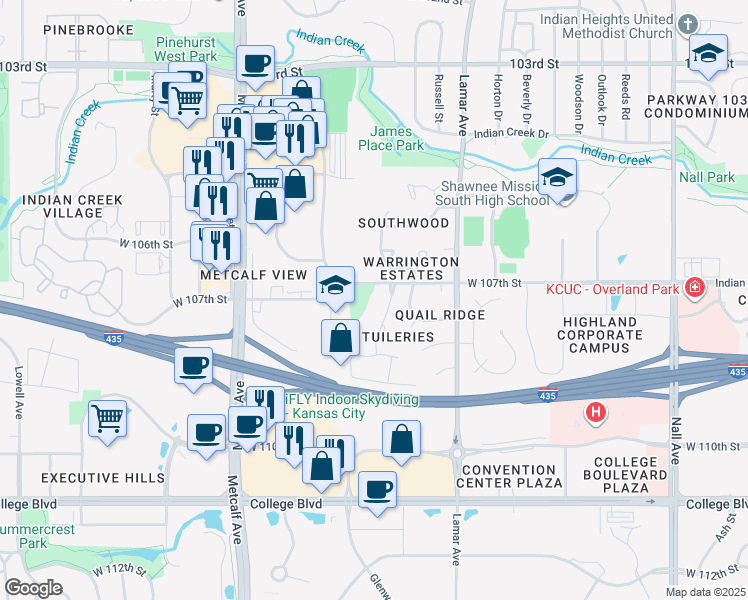 map of restaurants, bars, coffee shops, grocery stores, and more near 10704 Glenwood Street in Overland Park