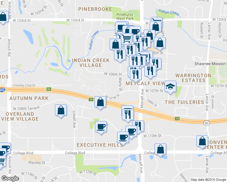 map of restaurants, bars, coffee shops, grocery stores, and more near 7300 West 107th Street in Overland Park