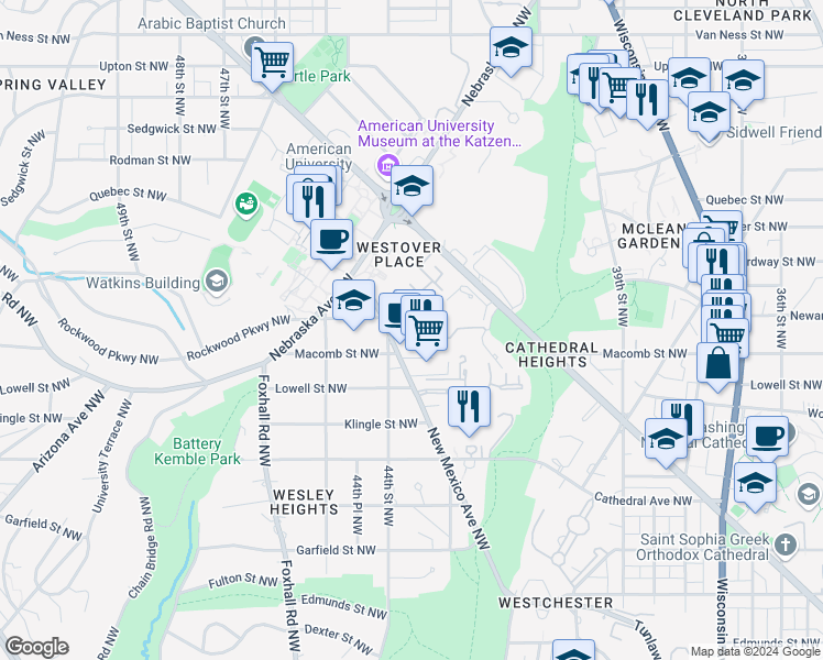 map of restaurants, bars, coffee shops, grocery stores, and more near 4359 Embassy Park Drive Northwest in Washington