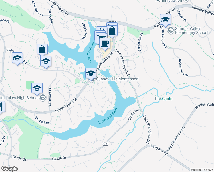 map of restaurants, bars, coffee shops, grocery stores, and more near 11156 Boathouse Court in Reston