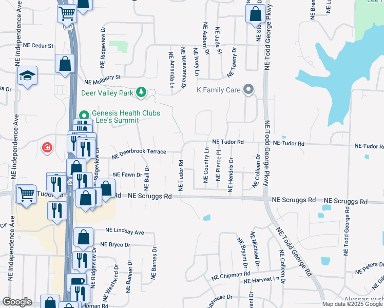 map of restaurants, bars, coffee shops, grocery stores, and more near 1216 Northeast Birchwood Drive in Lee's Summit