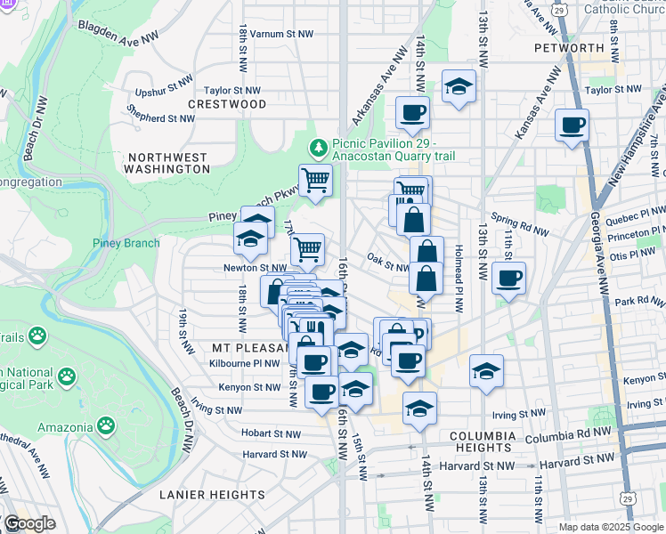 map of restaurants, bars, coffee shops, grocery stores, and more near 3426 16th Street Northwest in Washington