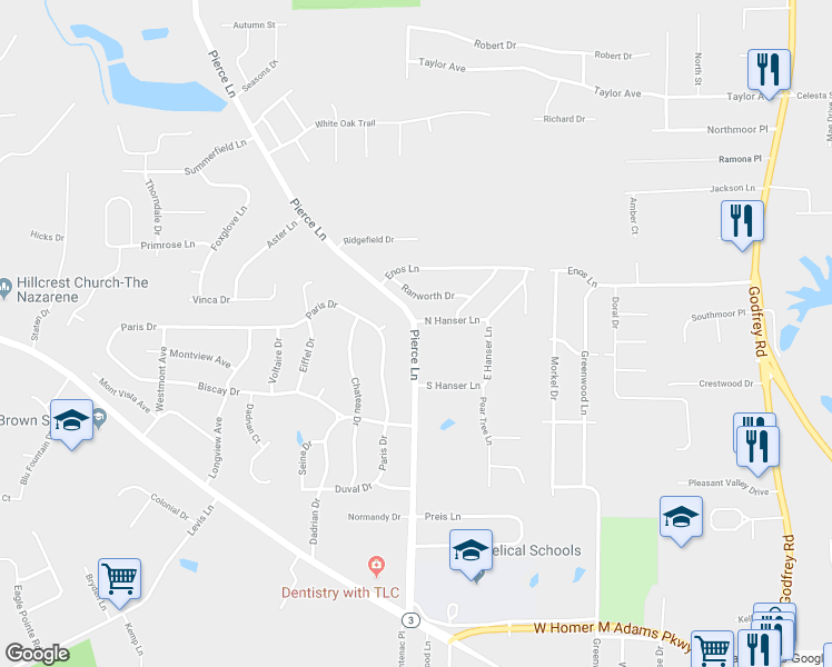 map of restaurants, bars, coffee shops, grocery stores, and more near 5000 Pierce Lane in Godfrey