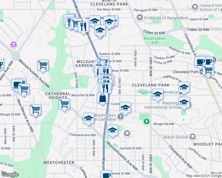 map of restaurants, bars, coffee shops, grocery stores, and more near 3333 Wisconsin Avenue Northwest in Washington