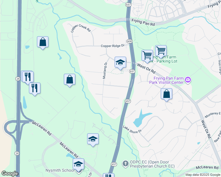 map of restaurants, bars, coffee shops, grocery stores, and more near 13513 Floris Street in Herndon