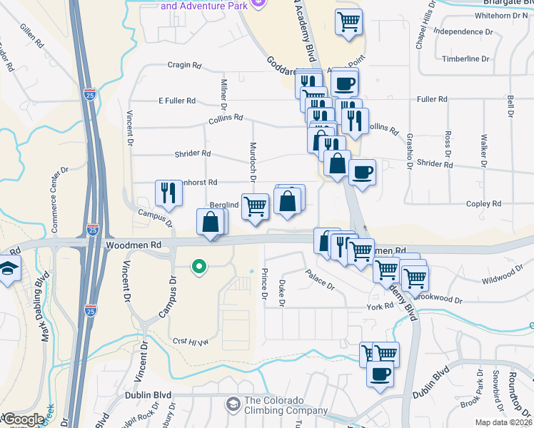 map of restaurants, bars, coffee shops, grocery stores, and more near 1235 Berglind Rd in Colorado Springs