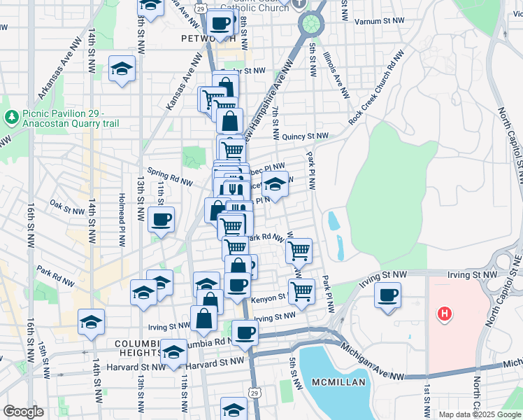 map of restaurants, bars, coffee shops, grocery stores, and more near 3546 6th Street Northwest in Washington