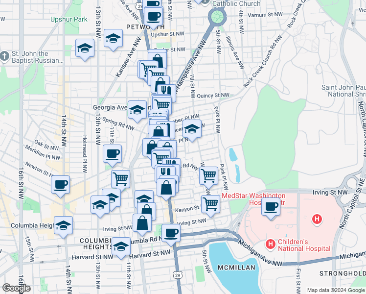 map of restaurants, bars, coffee shops, grocery stores, and more near 3546 6th Street Northwest in Washington