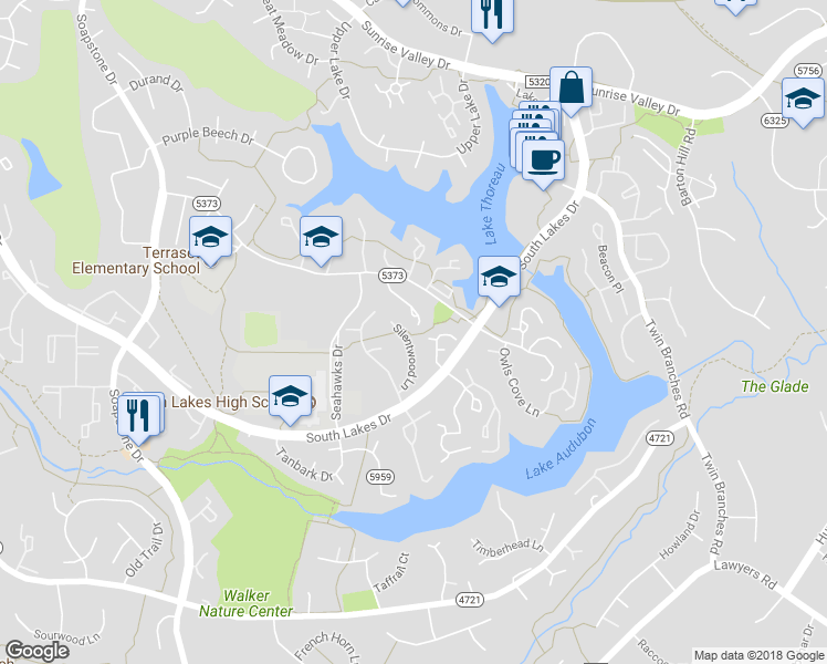map of restaurants, bars, coffee shops, grocery stores, and more near 11221 Silentwood Lane in Reston