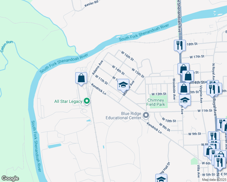 map of restaurants, bars, coffee shops, grocery stores, and more near 726 West 11th Street in Front Royal