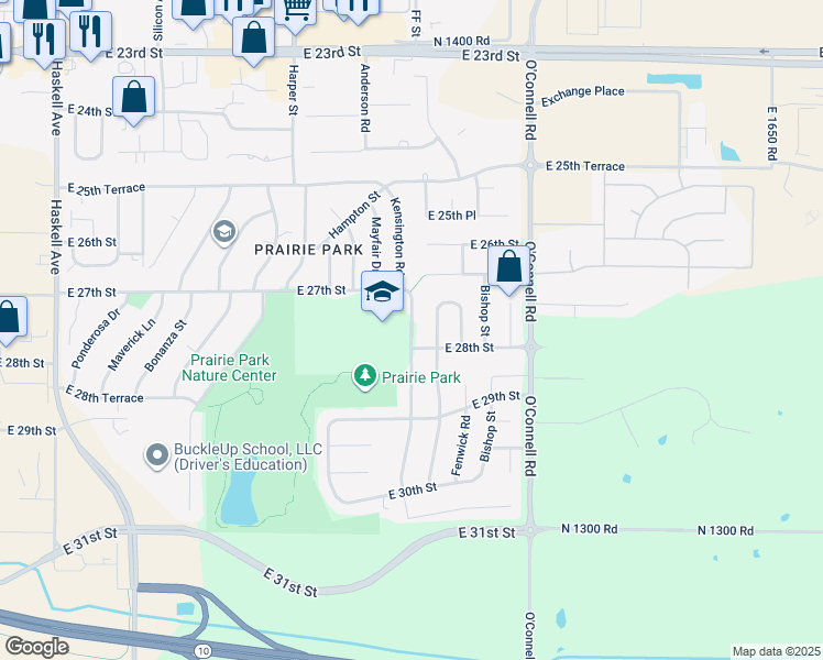 map of restaurants, bars, coffee shops, grocery stores, and more near 2817 South Kensington Road in Lawrence
